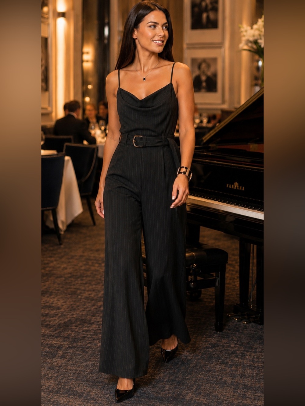 Sleeveless Black Pinstripe Wide-Leg Belted Jumpsuit